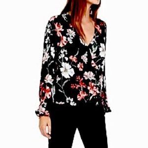 NWT Express Floral Wrap Top Long Sleeves V-Neck Black Sz M